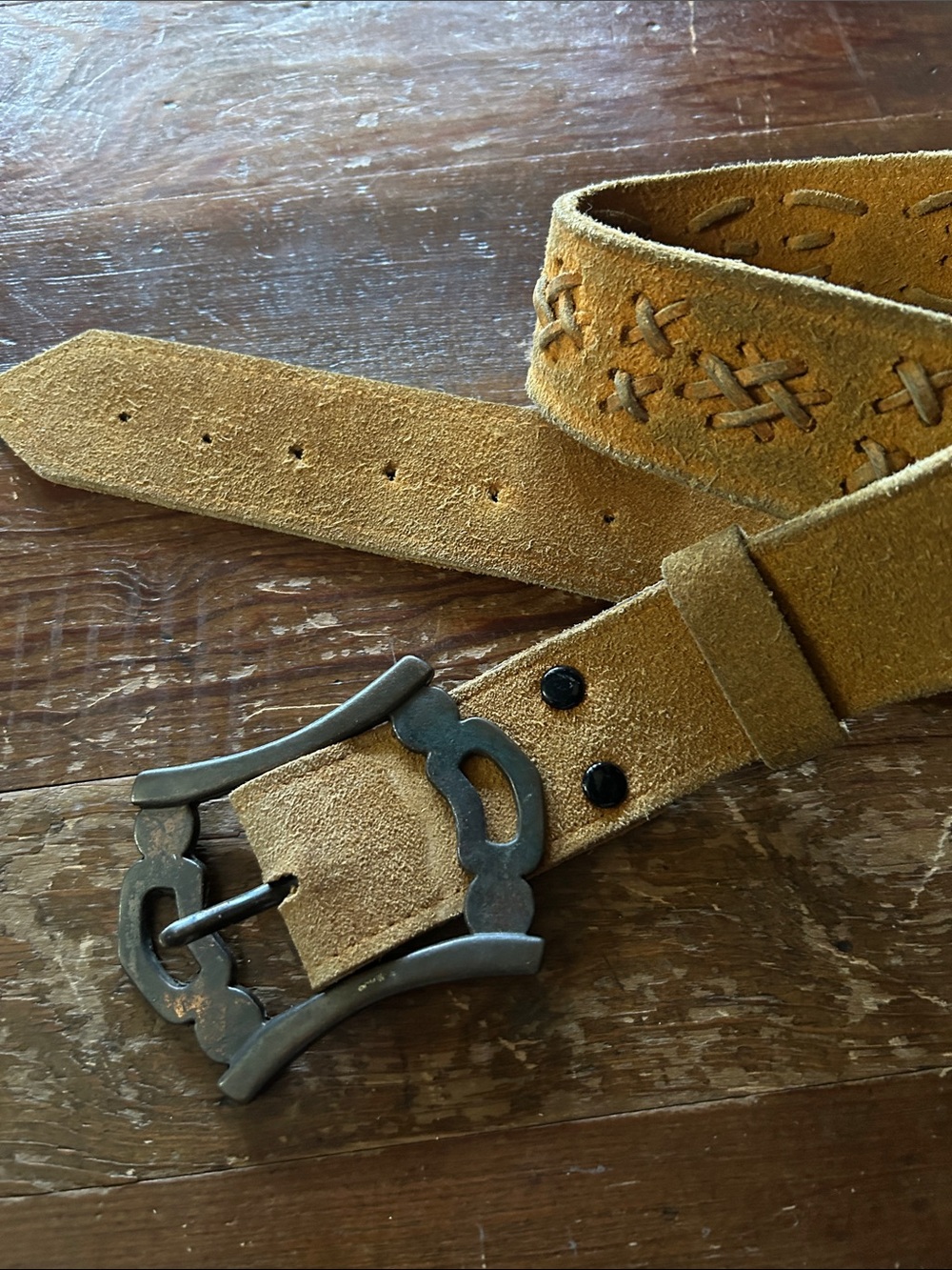 Vintage 1960’s 1970s Suede Western Belt With Unique Bronze Buckle, 35”